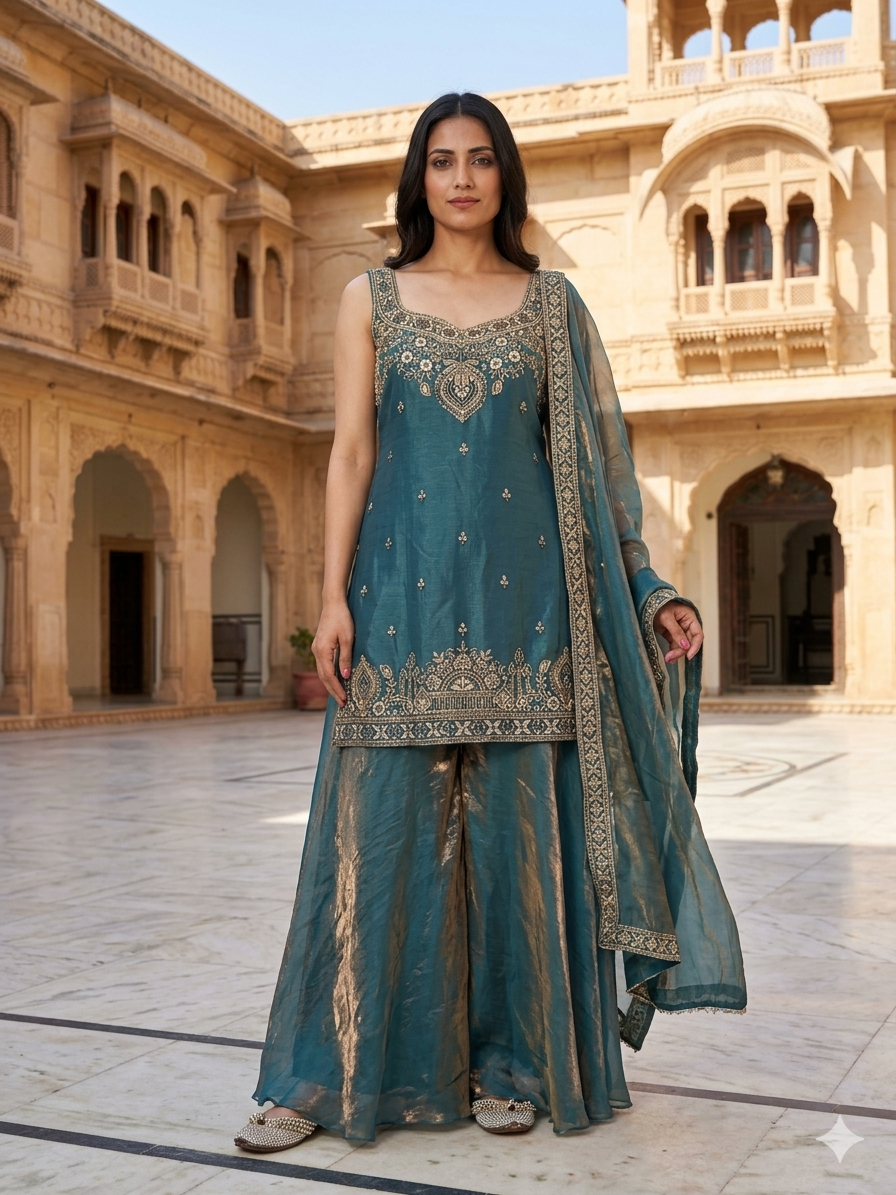 Deep Cyan Heritage Palazzo Set